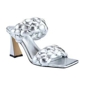 NIB Marc Fisher Hammy Braided Leather Heeled Sandals Silver Size 6.5 (MSRP $165)